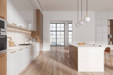 Klasik ev mutfağı, bar içi ada ve tabure, ahşap zeminde mutfak gereçleri olan mutfak dolabı. Şehrin gökdelenlerinin panoramik penceresi. 3B görüntüleme