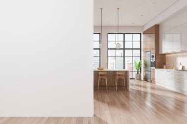 Modern mutfak içi boş beyaz duvar, doğal ışıklandırma, ve ahşap elementler, model konsept. 3B Hazırlama