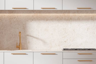 Bej rengi mermer kaplama ve altın musluk, minimalist stil, açık arkaplan, mutfak tasarımı konsepti ile modern mutfak içi. 3B Hazırlama