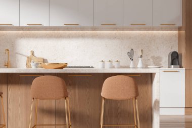 Beyaz ve ahşap mutfak tezgahı ve sandalyeler mutfak gereçleri ve aletlerle dolu beyaz yemek dolabı. Modern çağdaş bir dairede yer açmak. 3B görüntüleme