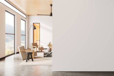 Konforlu ev oturma odası koltukları, minimalist dekorasyonlu kahve masası. Kırsal kesimde panoramik pencereli soğuk alan. Uzay duvarının bölümlerini kopyala. 3B görüntüleme