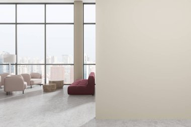 Ofisin içinde kırmızı bir kanepe, aydınlık beton zeminde kahve masası var. Singapur gökdelenlerinin panoramik penceresinin yanındaki bekleme salonunda. Boş duvar bölmesini düzenle. 3B görüntüleme