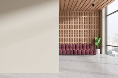 Minimalist lobide bordo koltuklu, hafif beton zemine yerleştirilmiş. Gökdelenlerin panoramik penceresinin yanında buluşma ya da bekleme alanı. Boş duvar bölmesini düzenle. 3B görüntüleme