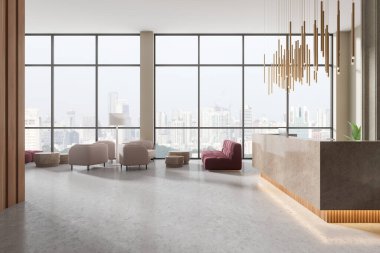 Koltukları ve şehir manzarası olan modern ofis resepsiyon alanı geniş pencereler, aydınlık ve havadar atmosfer, iç tasarım kavramı. 3B Hazırlama