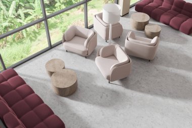Modern ofis lobisinin en iyi manzarası bordo kanepe ve koltuklar, minimalist mobilyalarla bekleme alanı. Tropik bölgelerde panoramik pencere. 3B görüntüleme