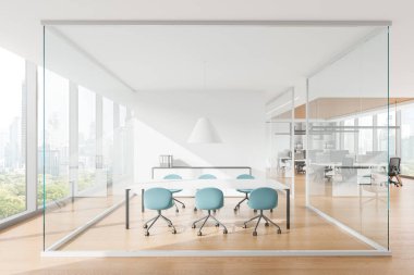 Ofis içi toplantı masası ve sandalyelerle dolu. Çalışma alanı bilgisayarlarla aynı sırada. Toplantı odası ve Bangkok gökdelenlerindeki panoramik pencere. 3B görüntüleme