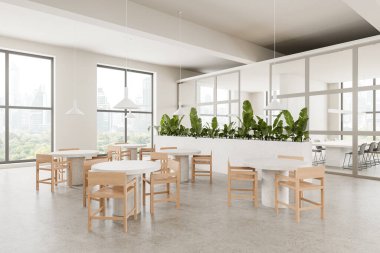 Ofis manzarası, ahşap sandalyeler, sıra sıra masalar, kafeterya alanı ve bitki örtüsü. Cam konferans odası ve gökdelenlerin panoramik penceresi. 3B görüntüleme