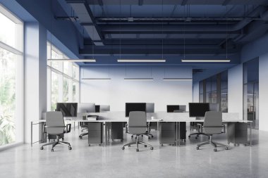 Bilgisayarlı modern ofis içi, koltuklu ortak çalışma alanı ve çekmeceli masa. Çalışma alanı, sırada mobilyalar ve tropiklerde panoramik pencere. 3B görüntüleme