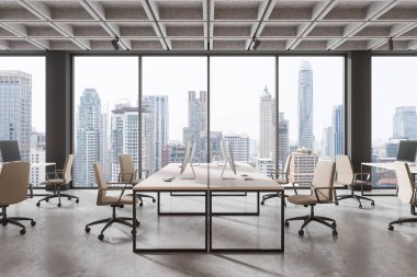 Ofisin iç kısımlarında, sıralarda bilgisayar, gri beton zemin. Bangkok gökdelenlerinde panoramik pencereli rahat bir çalışma alanı. 3B görüntüleme