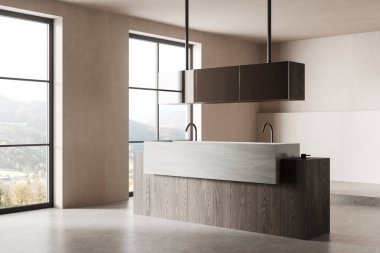 Bej otelin banyo manzarası çift katlı taş lavabo, beton zeminde ahşap kibir. Kırsal kesimde panoramik pencereli banyo alanı. 3B görüntüleme