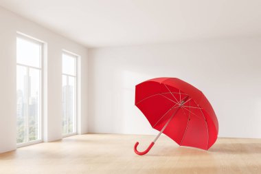 Ahşap zemin ve şehir manzaralı geniş pencereli minimalist parlak bir odada açık duran büyük kırmızı şemsiye, koruma kavramı. 3B Hazırlama