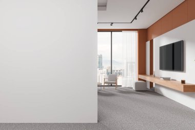 Renkli oturma odası koltukları, televizyon ekranı ve ahşap masası Kuala Lumpur gökdelenlerinin panoramik penceresinin yanında. Boş duvar bölmesini düzenle. 3B görüntüleme