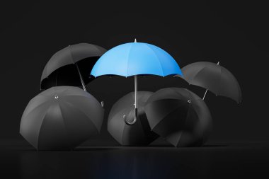 Siyah arka planda mavi şemsiye, kalabalığın dışında dur ve farklı ol. Liderlik ya da eşsizlik kavramı. 3B resimleme