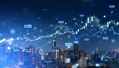 Bangkok gece şehir manzarası ve ön market hologramı, şamdanlar, dinamikler ve istatistikler, rakamlı bar tablosu. Para yatırımı, ticaret ve kar kavramı
