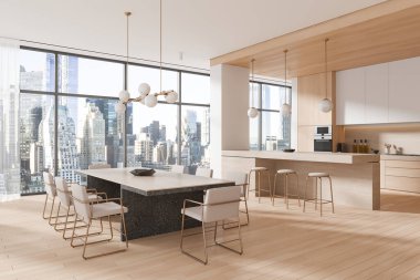 Ev mutfağının iç mekan manzarası yemek masası ve sandalyeler bar adası taburesi ve mutfak gereçleriyle dolu mutfak dolabı. New York gökdelenlerinin panoramik penceresi. 3B görüntüleme