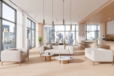 Lüks ev stüdyosu. Kanepe, koltuk, ahşap döşeme. Yemek masası ve bar adası, yemek dolabı ve New York gökdelenlerinde panoramik pencere. 3B görüntüleme