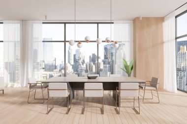 Şatafatlı ev mutfağı, masa ve koltuklar, ahşap zemin. New York gökdelenlerinde panoramik penceresi olan şık bir toplantı ya da oturma odası. 3B görüntüleme