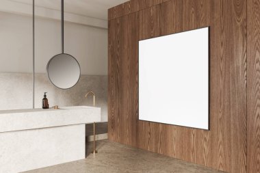 Minimalist banyo, ahşap duvar, ayna ve arka planda boş çerçeveli tuval, iç tasarım modeli. 3B Hazırlama