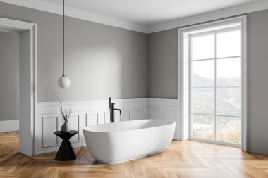 Konforlu banyo manzarası, banyo küveti, sehpa, ahşap zemin. Küf dizaynı ve kırsal kesimde panoramik pencere olan banyo köşesi. 3B görüntüleme