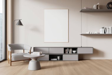 Minimalist oturma odası boş çerçeveli poster, zarif gri mobilyalar, ahşap döşeme, ve kitaplıklar, modern iç mekan, parlak ışık. 3B Hazırlama