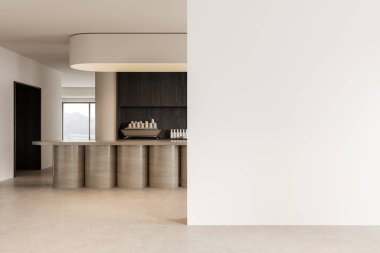 Taş bar adası, kahve makinesi ve mutfak gereçleri olan minimalist bir bar. Kırsal kesimde panoramik pencere. Boş duvar bölmesini düzenle. 3B görüntüleme