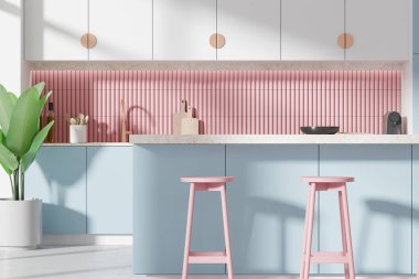 Pastel renklere sahip modern mutfak, minimalist stil, parlak iç mekan. 3B Hazırlama