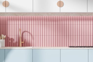 Renkli ev mutfağı, lavabo ve gaz sobası, mutfak gereçleri. Lüks apartmandaki mavi ve pembe aşçılık alanına yakın çekim. 3B görüntüleme