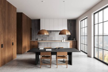 Yemek masası, sandalyeler, taş bar adası ve mutfak gereçleri olan ahşap bir mutfak. Kırsal kesimde panoramik pencere. 3B görüntüleme