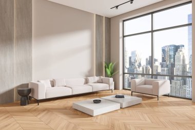 Bej mobilyalı ve geniş pencereli modern oturma odası şehir manzarası, açık ahşap döşeme, iç tasarım konsepti sergiliyor. 3B Hazırlama