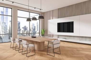 Modern konferans odası büyük ahşap masa, hafif sandalyeler, ve şehir manzarası geniş pencerelerden, minimalist tasarım, ışık ayarı, iş konsepti. 3B Hazırlama