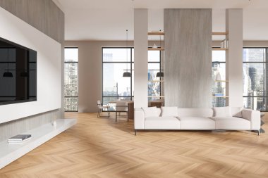 Oturma odasının içinde kanepe, televizyon, duvar bölmesi ve ahşap zeminde sandalyeli yemek masası var. New York gökdelenlerinin panoramik penceresi. 3B görüntüleme