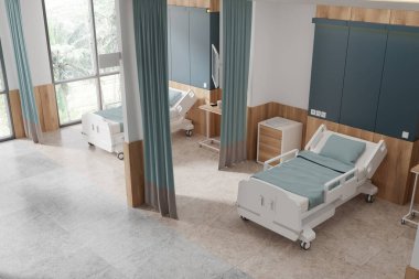 Hastane odasının en iyi manzarası iç yataklar, perde ayırıcı, çekmece ve beton döşeme. Panoramik pencereli rahat bir tıbbi tedavi köşesi. 3B görüntüleme