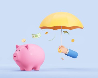 Şemsiye tutan bir karikatür el, kumbara ve mavi arka plana düşen para. Tasarruf, birikim ve mali koruma kavramı. 3B resimleme