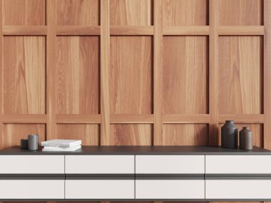 Büfe, kitaplar ve şık sanat dekorasyonuyla modern ev içi oturma odası. Minimalist siyah beyaz çekmece. Boş fotokopi odası tahta duvarı. 3B görüntüleme