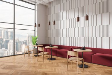 Kırmızı kanepeleri, ahşap masaları ve minimalist tasarımı olan modern bir kafe. Açık ahşap zemin ve şehir manzaralı geniş pencereler. 3B Hazırlama