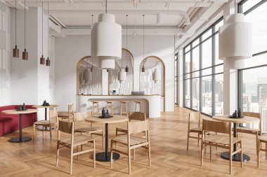 Lokantanın içinde yemek masaları ve sandalyeler, bar adası ve kemer duvarlı bilgisayar var. Kuala Lumpur gökdelenlerinin panoramik penceresi. 3B görüntüleme