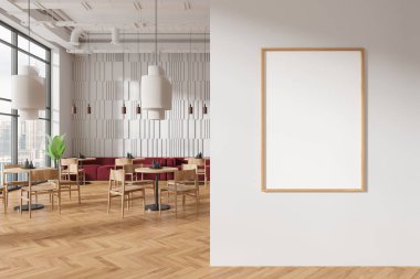 Restoran duvarında boş çerçeveli poster, arka planda modern mobilyalar, parlak atmosfer, model konsepti. 3B Hazırlama