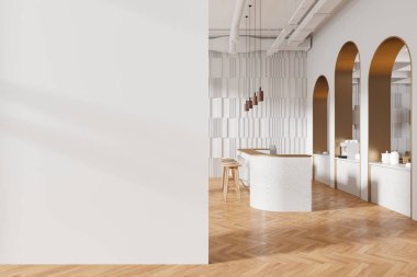 Taş tezgahı, koltukları ve ahşap zemini olan şık bir restoran. Minimalist mobilyalarla dolu kavisli duvar ve yemek odası. Boş duvar bölmesini düzenle. 3B görüntüleme