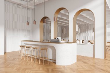 Lüks kafenin köşesi. Taş tezgah, koltuklar, ahşap zemin. Kemerli duvar bölmesinin arkasındaki yemek masaları ve sandalyelerle dolu. 3B görüntüleme