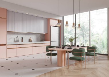 Mutfak manzarası, yemek masası ve sandalyeler, beyaz ve pembe mutfak dolabı ve buzdolabı. Tropik bölgelerde panoramik pencereli lüks beslenme alanı. 3B görüntüleme