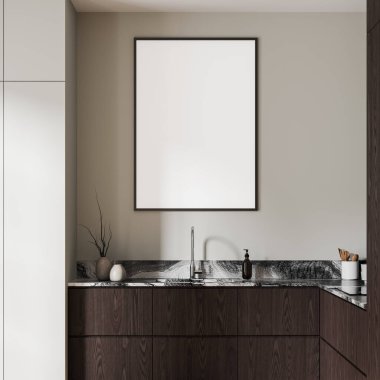 Modern mutfak iç mimarisi, lavabonun üstündeki duvarda boş bir poster şablonu, sıcak ışıklandırma, ev dekorasyonu konsepti. 3B Hazırlama