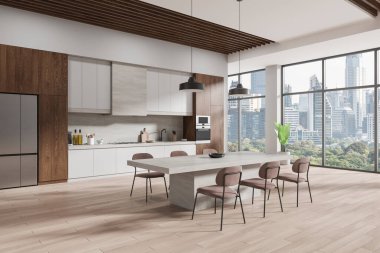 Ev mutfağının iç mekan manzarası yemek masası ve sandalyeler, dolaplı beyaz ve ahşap yemek dolabı. Bangkok gökdelenlerinin panoramik penceresi. 3B görüntüleme