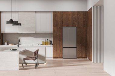 Çağdaş ev mutfağı bar adası ve sandalyeler, buzdolabı ile beyaz ve ahşap mutfak dolabı. Ahşap zemini olan modern bir dairede yemek masası. 3B görüntüleme