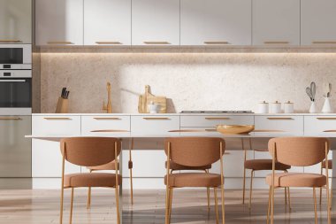 Lüks ev mutfağı yemek masası ve sandalyeler mutfak gereçleri ve aletlerle dolu beyaz yemek dolabı. Modern çağdaş dairede yemek alanı. 3B görüntüleme