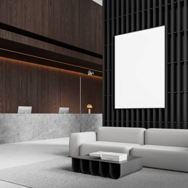 İş manzarası, bekleme odası, sehpası olan kanepe. Resepsiyon masası ve bilgisayarlı lobi salonu. Oda ayırıcısına çadır bezi posteri yapıştırın. 3B görüntüleme