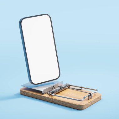Fare kapanı üzerinde boş büyük bir telefon görüntüsü, mavi arkaplan. Çevrimiçi dolandırıcılık, aldatma veya sosyal medya bağımlılığı kavramı. 3B resimleme