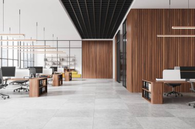 Çalışma alanı olan ahşap ofis, sıralarda bilgisayar ve kanepeli cam gevşeme alanı. Singapur 'da belgeleri ve panoramik penceresi olan raflar. 3B görüntüleme