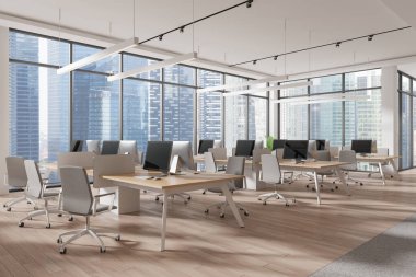 Ofis içi manzarası, masa başı bilgisayar, ahşap zemin. Singapur gökdelenlerinde panoramik pencereli takım işyeri. 3B görüntüleme