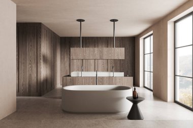 Çift lavabolu, küvetli, aksesuarlı şık bir otel banyosu. Kırsal kesimde panoramik pencereli modern banyo alanı. 3B görüntüleme