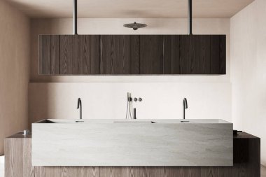 Havalı bej ev banyosu çift lavabo ve taş tezgahlı, minimalist duş. Çağdaş stüdyo dairede modern banyo alanı. 3B görüntüleme